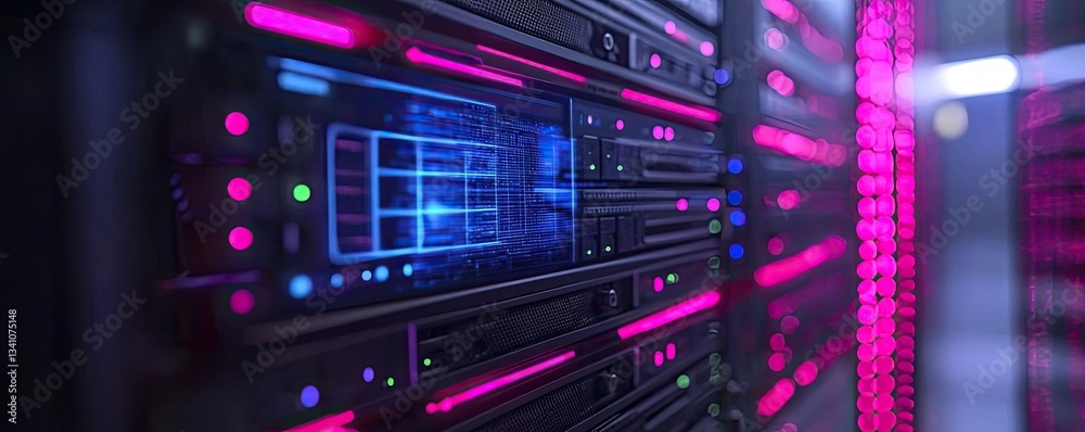 Aufkleber Cybersecurity data protection in database computing concept. Close-up of modern server equipment with vibrant LED lights.