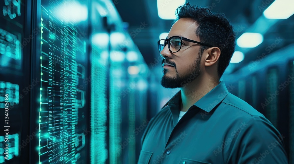Aufkleber Cybersecurity database computing and data protection concept. Man observing data in a modern server room with digital screens.