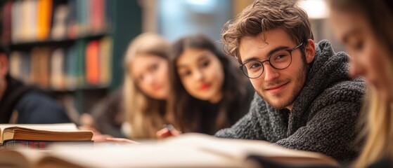 Fototapeta premium Engaged Students Discussing Classic Novels in Literature Class Room Setting