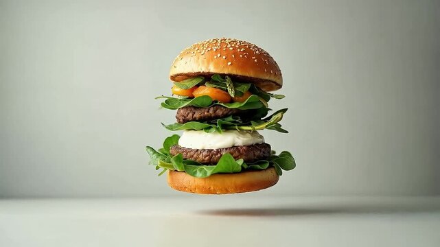 Hamburguesa flotante con doble carne, espinacas y mayonesa