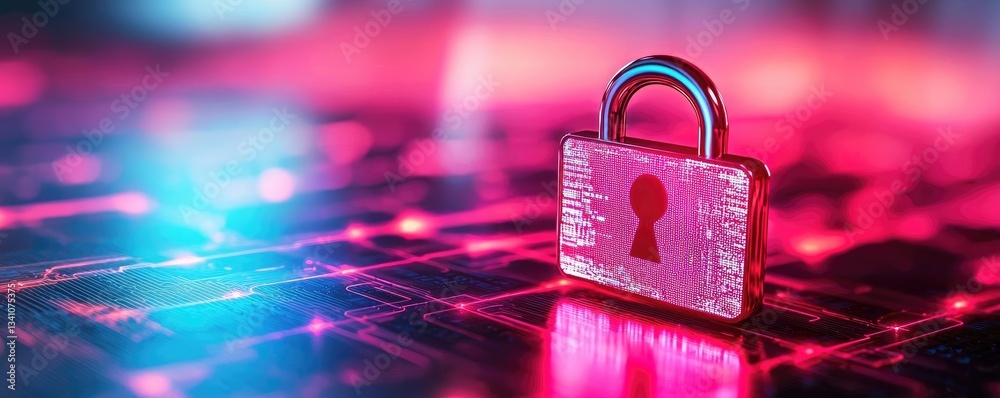 Poster Cybersecurity database computing and data protection concept. Vibrant digital lock symbolizing cybersecurity and data protection.