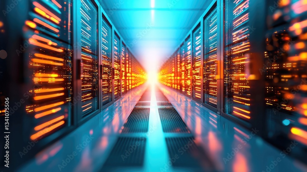 Aufkleber Cybersecurity data protection in database computing concept. Futuristic data center with glowing servers and vibrant lights.
