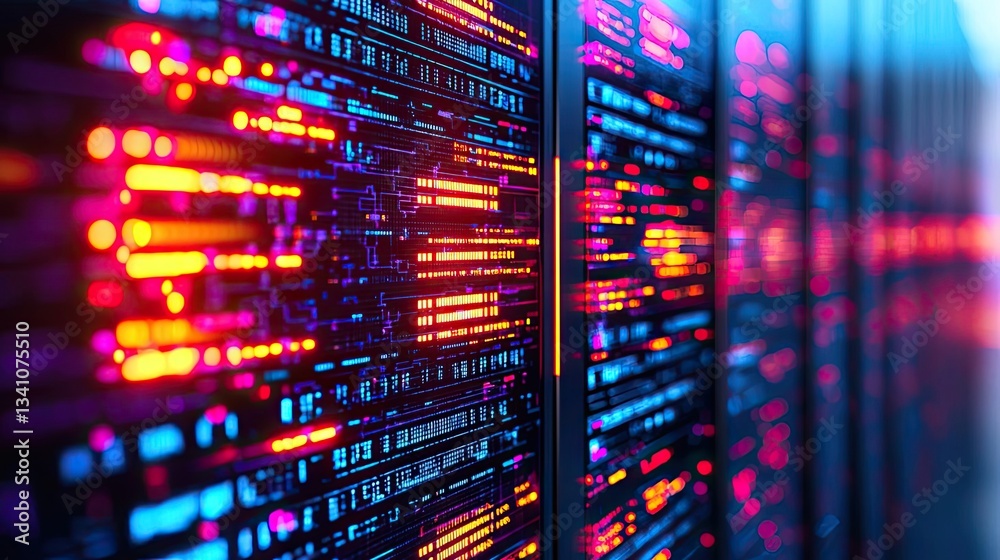 Aufkleber Cybersecurity data protection in database computing concept. Vibrant data server array with colorful lights and intricate circuits.