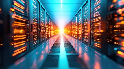 Obraz premium Cybersecurity data protection in database computing concept. Futuristic data center with glowing servers and vibrant lights.