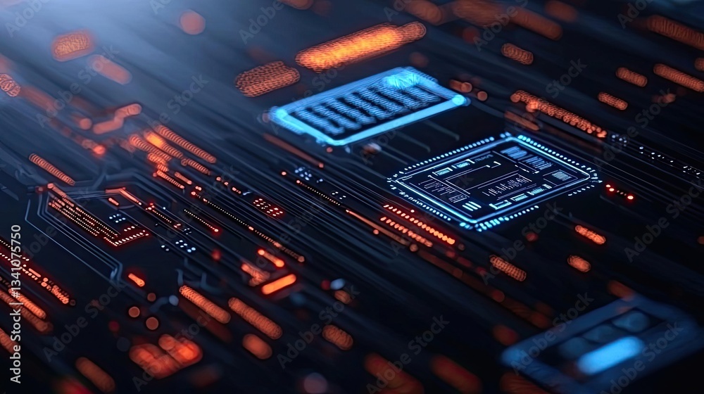 Aufkleber Cybersecurity database computing and data protection concept. Close-up of a modern circuit board with glowing connections.