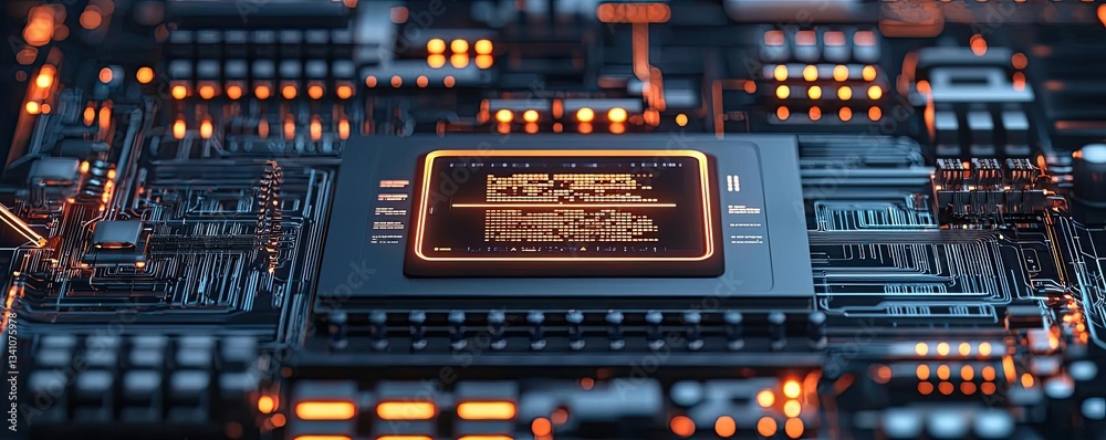 Poster Cybersecurity protection in cyberspace and computing concept. Close-up of a modern computer circuit board with glowing chips.
