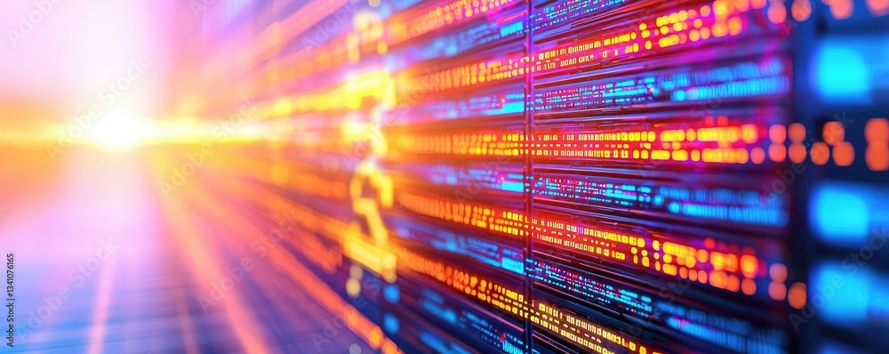 Poster Cybersecurity protection in cyberspace and computing concept. Vibrant abstract image depicting digital data flow and connectivity.