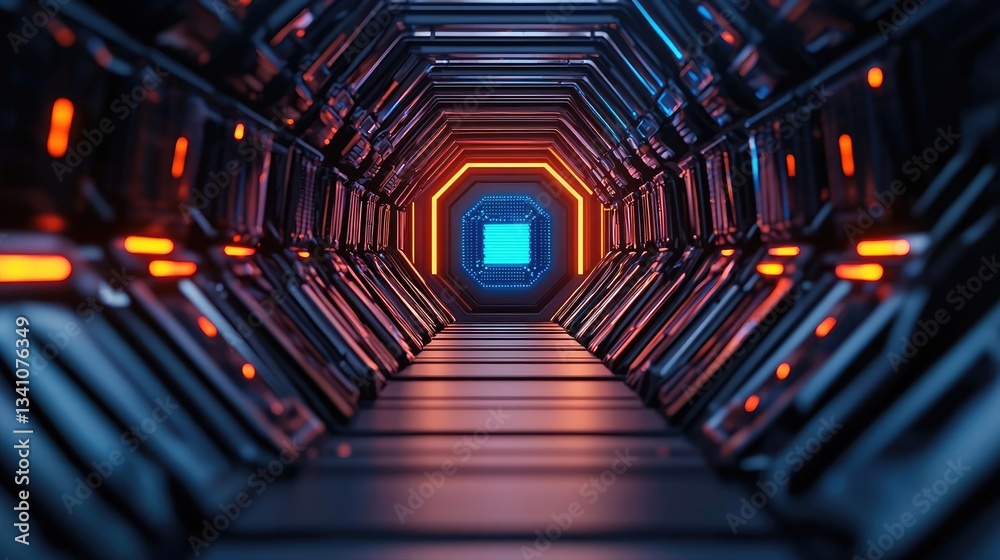 Aufkleber Cybersecurity database computing and data protection concept. Futuristic corridor featuring glowing lights and metallic structures.
