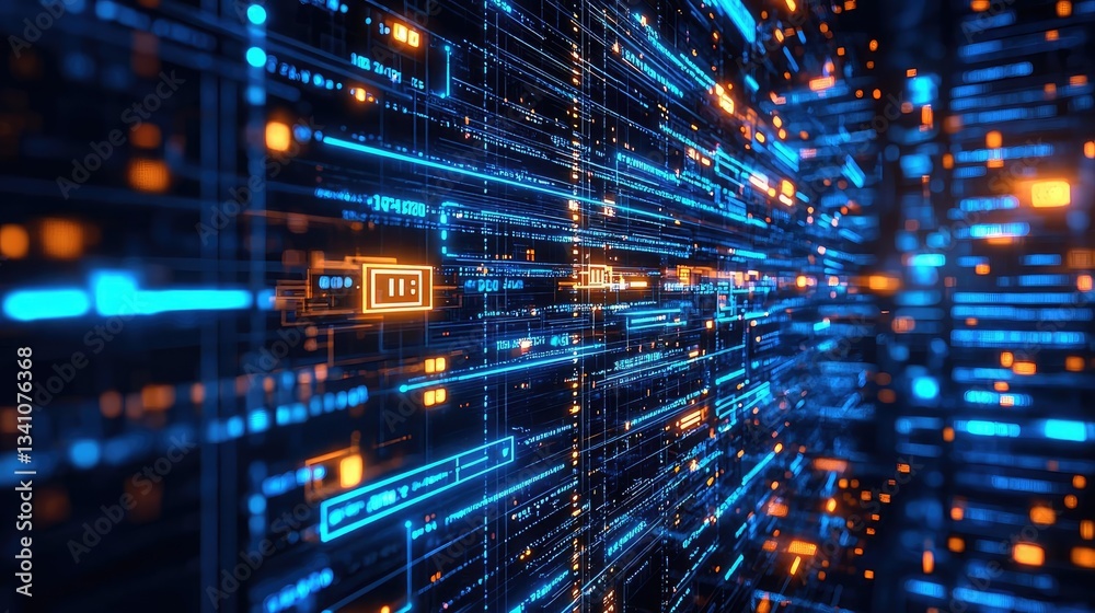 Aufkleber Cybersecurity database computing and data protection concept. Abstract digital technology background with glowing blue lines.