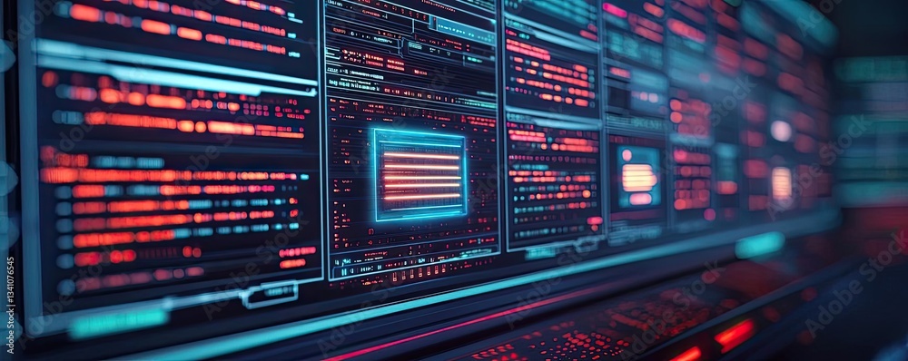 Aufkleber Cybersecurity database computing and data protection concept. Futuristic digital interface with vibrant data display and codes.