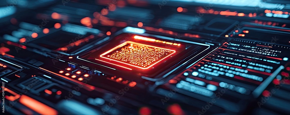 Poster Cybersecurity database computing and data protection concept. Futuristic view of a glowing microchip on a circuit board.