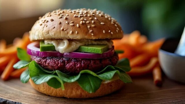 Hamburguesa vegetal con aguacate, cebolla morada y queso derretido