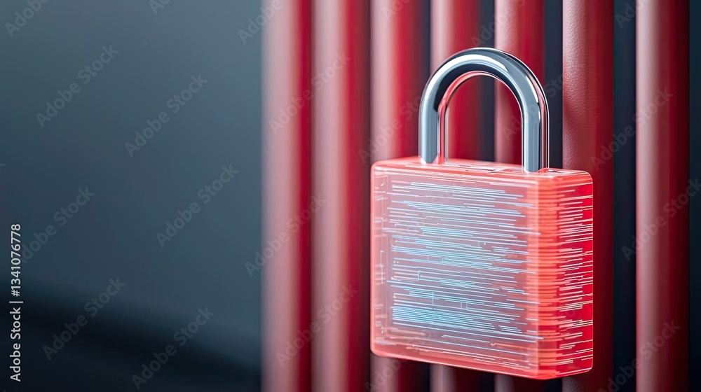 Poster Cybersecurity protection in cyberspace and computing concept. A colorful padlock secured to a metal fence, symbolizing safety.