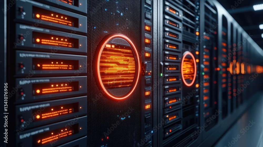 Aufkleber Cybersecurity database computing and data protection concept. Futuristic data center with illuminated servers and advanced systems.