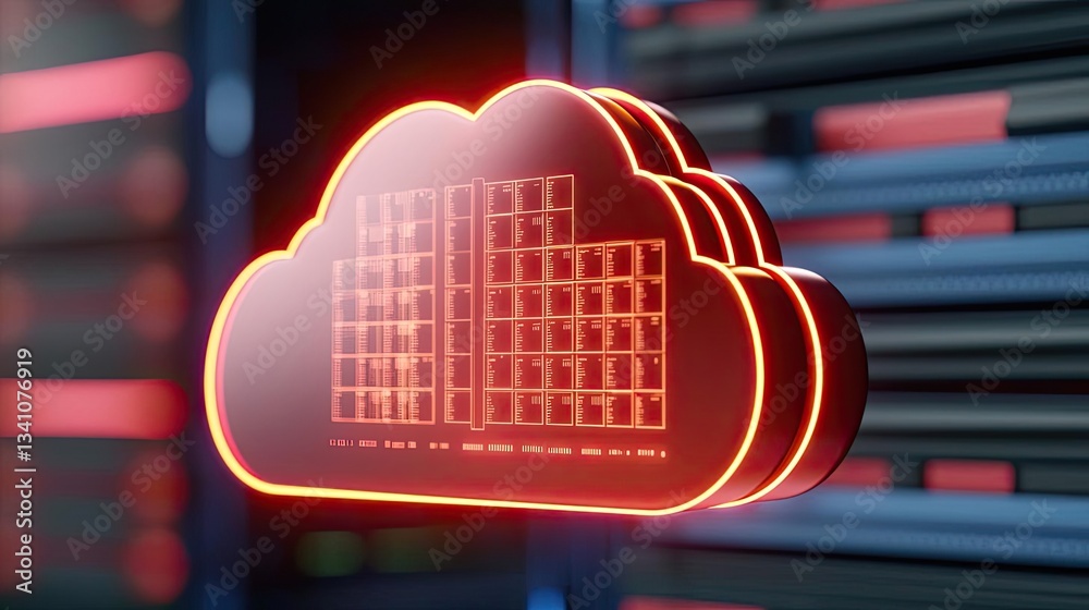 Aufkleber Cybersecurity data protection in database computing concept. Digital cloud storage symbol on a modern server background.