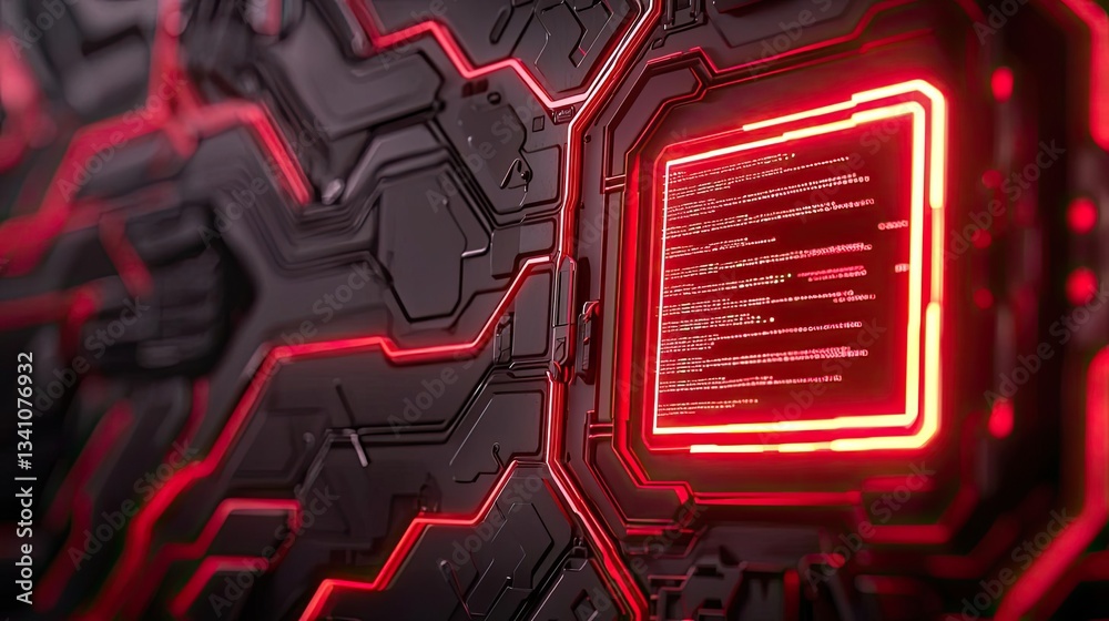 Aufkleber Cybersecurity database computing and data protection concept. Futuristic circuit board with glowing red accents and patterns.