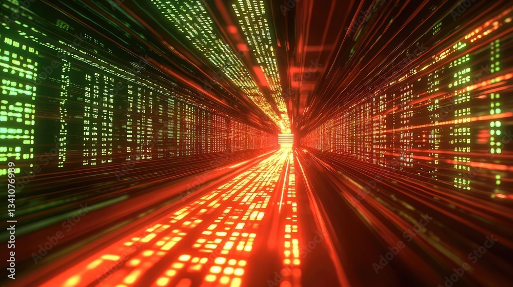 Poster Cybersecurity protection in cyberspace and computing concept. Dynamic digital art showcasing light trails in vibrant colors.