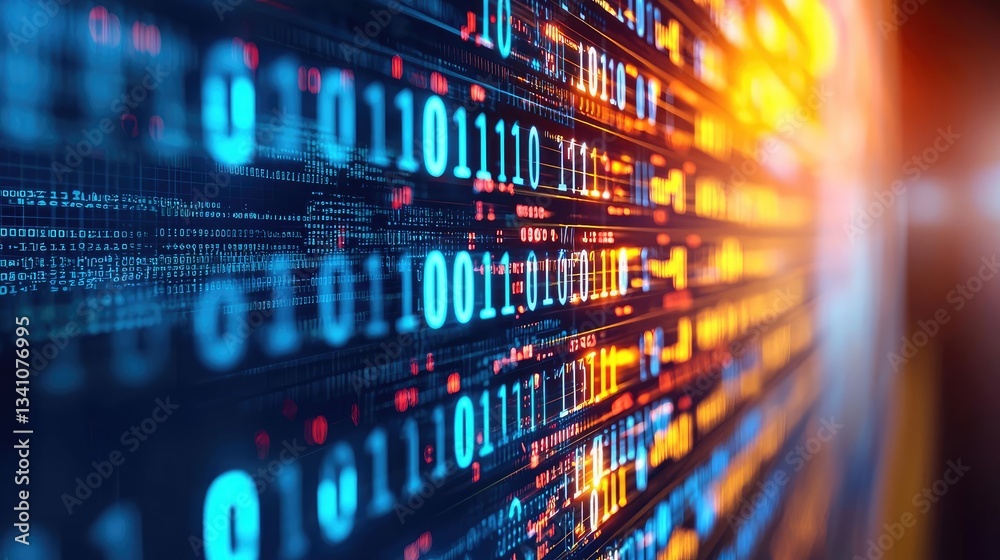 Aufkleber Cybersecurity database computing and data protection concept. Colorful digital data streams forming intricate binary patterns.