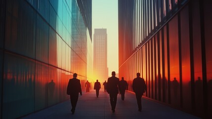 Fototapeta premium Sunset silhouettes of businessmen walking between skyscrapers in a modern city, reflecting the warm colors of the setting sun on glass buildings.