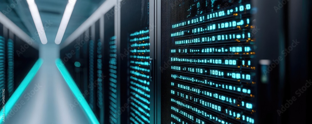 Aufkleber Cybersecurity data protection in database computing concept. Futuristic data center with illuminated servers and sleek design.