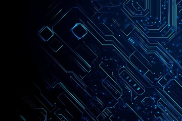 Abstract close-up of a glowing blue digital circuit board, showcasing intricate connections and technological design on a black background.
