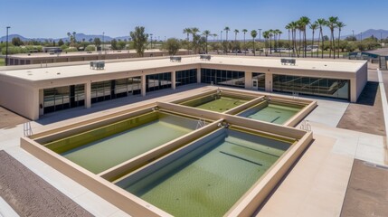 Fototapeta premium Community wastewater management facility with solar-powered filtration system. Defined edges and ultra-clear environmental engineering.