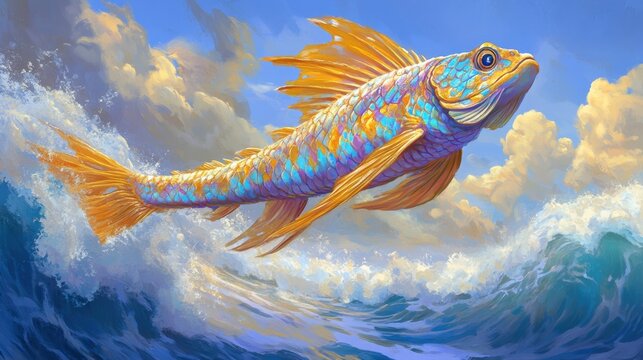 A dragonfish surfing on powerful waves, its scales shimmering in the sunlight