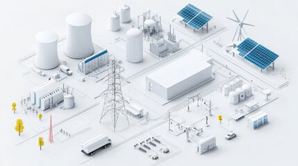 Sustainable Energy Infrastructure A Futuristic Rendering of a Renewable Power Plant Featuring Solar Panels Wind Turbines and Electrical Grid Components