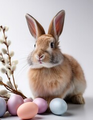 Easter Bunny with Colorful Eggs and Willow Branches on White Background