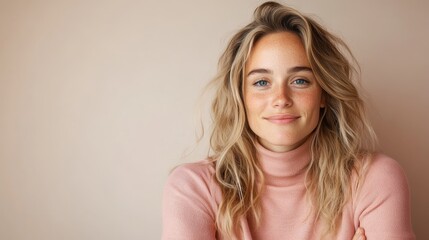 Fototapeta premium A delightful young woman with freckles and tousled hair is smiling in a soothing atmosphere, conveying a sense of joy and lightheartedness perfect for lifestyle themes.