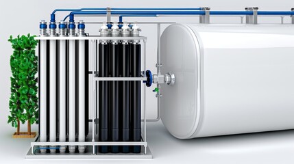 Industrial wastewater purification concept with precision filtration systems. Ultra-sharp visual clarity with detailed technology elements.