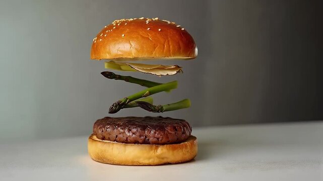 Hamburguesa flotante con esp&aacute;rragos y l&aacute;minas de trufa