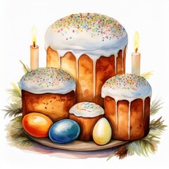 Watercolor Easter Cakes with Candles and Painted Eggs on Festive Table