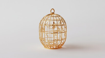 Obraz premium A floating golden cage on a pure white background, shining with soft golden hues