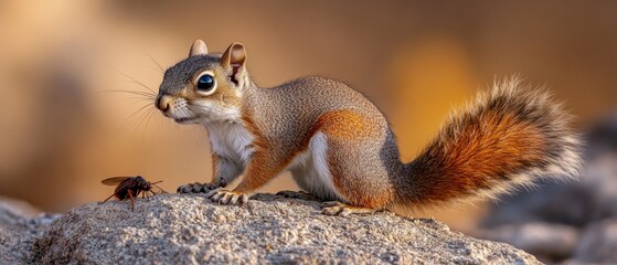 Obraz premium A brightly colored image of a squirrel on a rock with a fly, great for illustrations in children's books, educational materials about wildlife, or in advertisements for animal products.