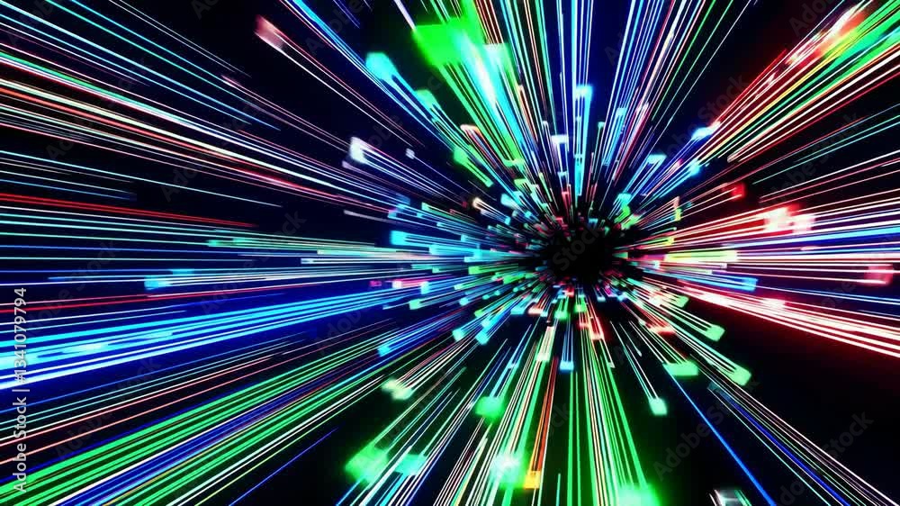 Poster Colorful light trails radiating with high speed, dynamic digital visualization