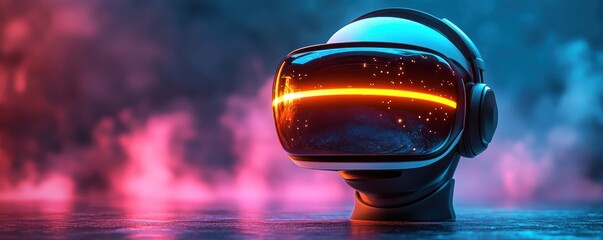 Futuristic VR Headset Floating on Blue Background with Neon Gradients and Smooth Design Technology Concept