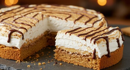 Delicious Smores Cake with Toasted Marshmallow Fluff and Chocolate Drizzle