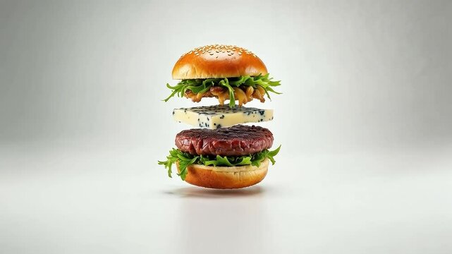 Hamburguesa flotante con queso azul, cebolla caramelizada y carne jugosa
