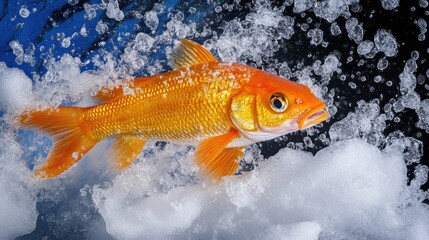 A frozen fish surfing icy waves in an arctic ocean, frost trailing behind