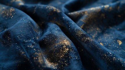 Close-up of a blue velvet fabric with gold flecks.