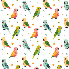 Children's seamless pattern with budgies of green, pink, blue and yellow colors, with feathers on the head of a yellow and blue parrots