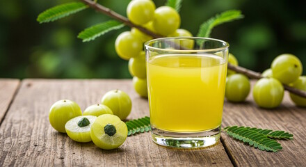 Fototapeta premium fresh juice of Aamla or Amla, Indian gooseberry in glass with Aamla fruit on wooden table in blur background