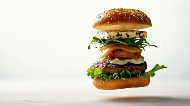 Hamburguesa gourmet con queso azul, cebolla caramelizada y r&uacute;cula