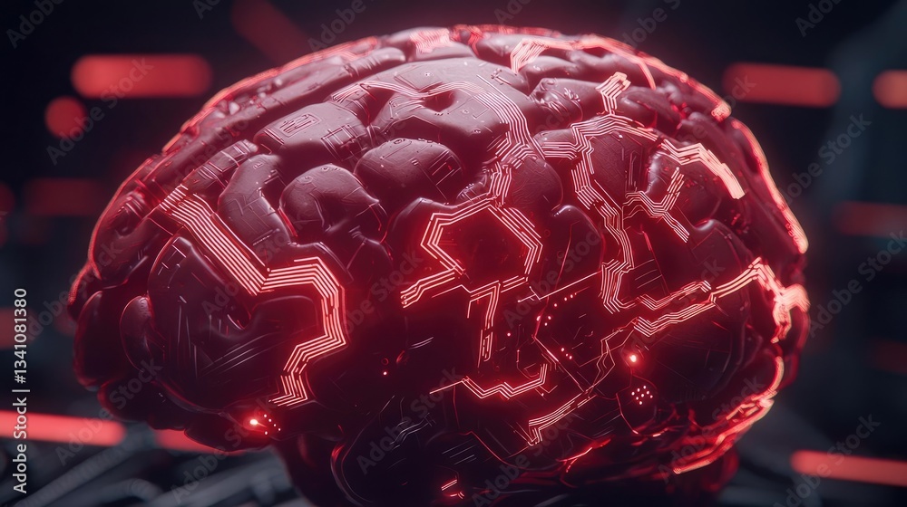 Poster Artificial intelligence data circuit in cyberspace computing concept. Futuristic digital brain design with glowing circuits.