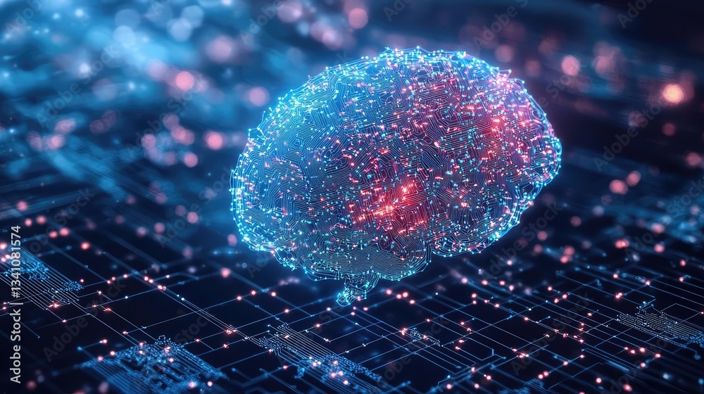 Aufkleber Artificial intelligence database and future computing concept. Digital visualization of a brain with glowing particles.