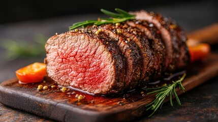 An elegant dish featuring expertly sliced beef, which is artfully paired with vibrant cherry tomatoes and herbs, creating a stunning visual that captivates the senses.