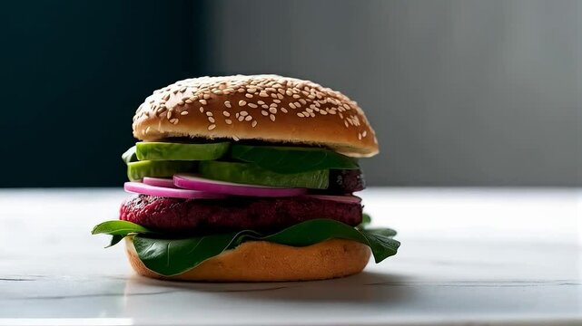 Hamburguesa vegana de remolacha con aguacate y cebolla morada