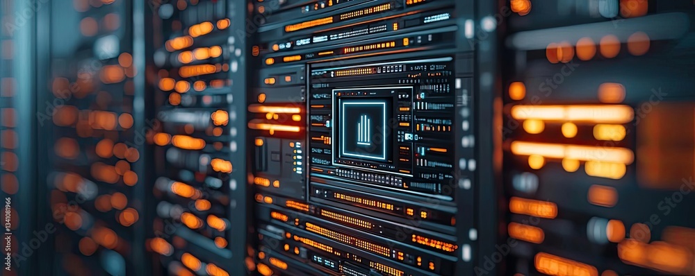Aufkleber Cybersecurity data protection in database computing concept. Close-up of a server with illuminated circuits and processors.