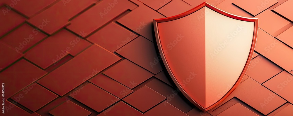 Poster Cybersecurity protection in cyberspace and computing concept. A red shield icon on a textured surface, symbolizing protection.